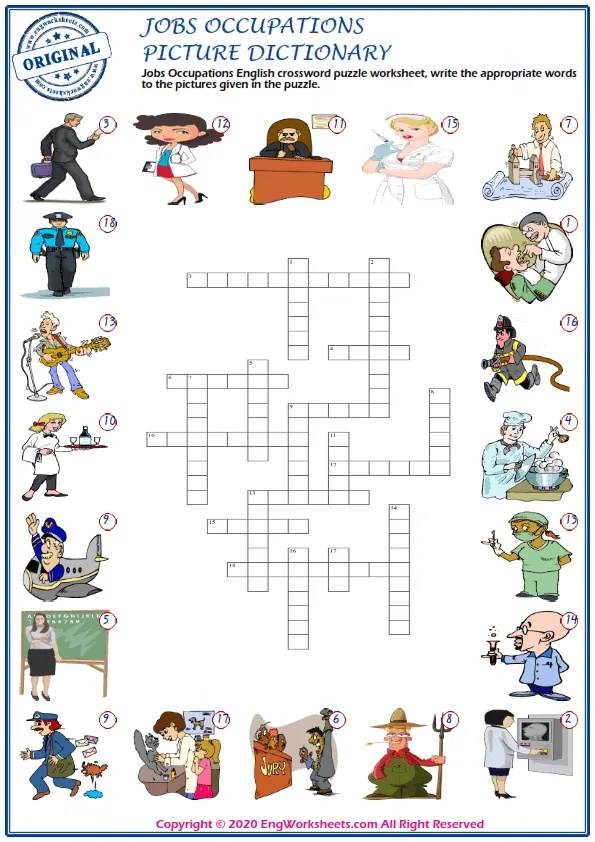 Jobs Occupations English crossword puzzle worksheet, write the appropriate words to the pictures given in the puzzle. Worksheet Preview