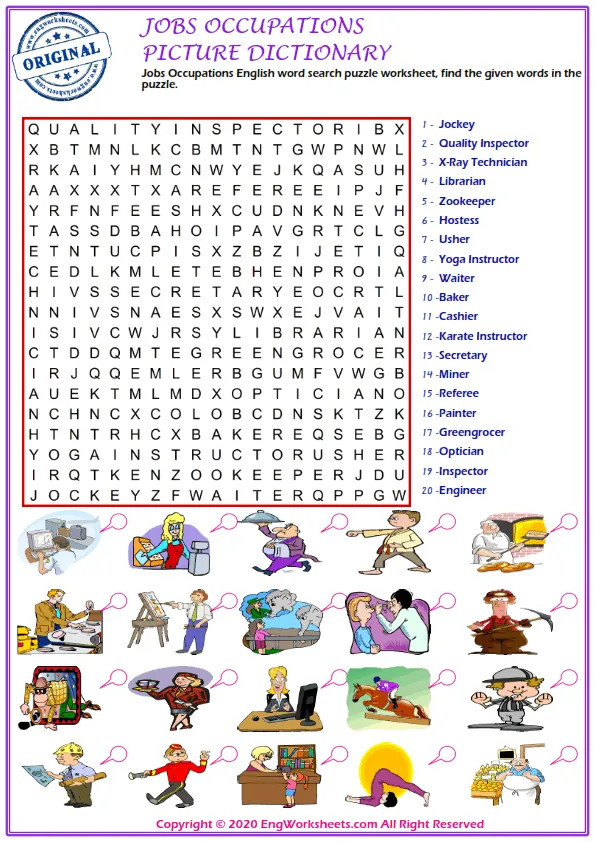 Jobs Occupations English word search puzzle worksheet, find the given words in the puzzle.
