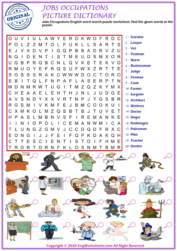 Jobs Occupations English word search puzzle worksheet, find the given words in the puzzle. Worksheet Preview