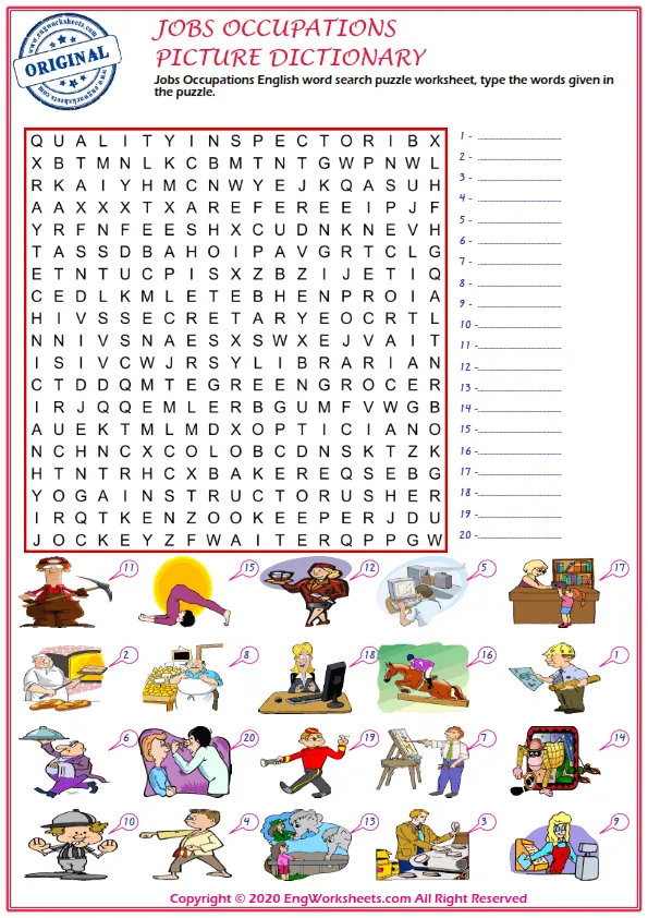Jobs Occupations English word search puzzle worksheet, type the words given in the puzzle.