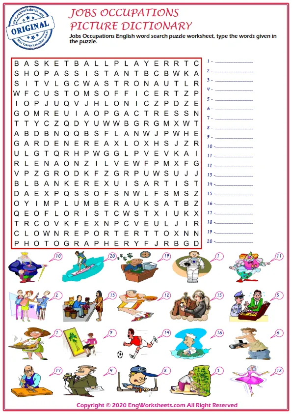 Jobs Occupations English word search puzzle worksheet, type the words given in the puzzle. Worksheet Preview