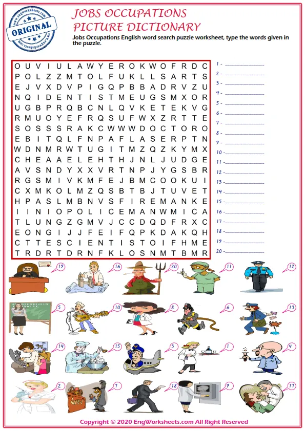 Jobs Occupations English word search puzzle worksheet, type the words given in the puzzle. Worksheet Preview