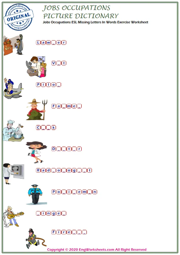 Jobs Occupations ESL Missing Letters In Words Exercise Worksheet Worksheet Preview