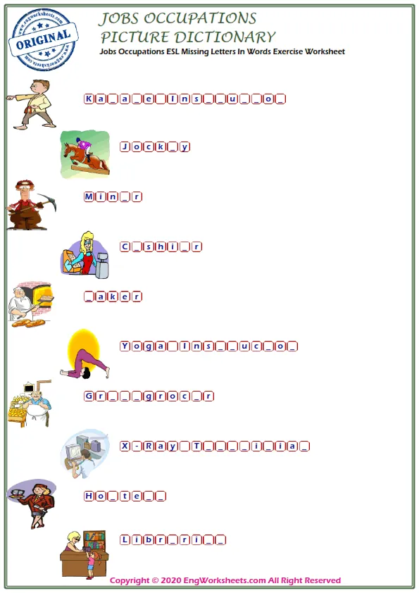 Jobs Occupations ESL Missing Letters In Words Exercise Worksheet