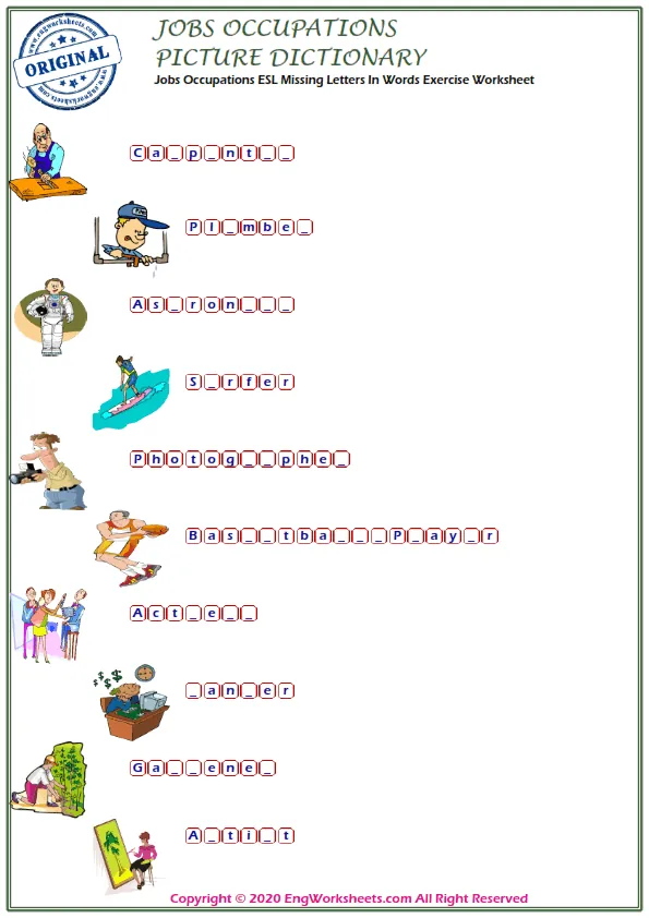 Jobs Occupations ESL Missing Letters In Words Exercise Worksheet Worksheet Preview