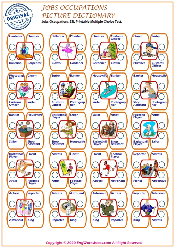 Jobs Occupations ESL Printable Multiple Choice Test. Worksheet Preview