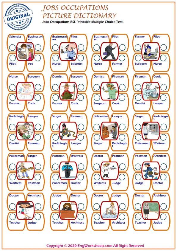 Jobs Occupations ESL Printable Multiple Choice Test. Worksheet Preview