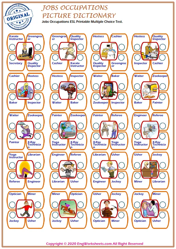 Jobs Occupations ESL Printable Multiple Choice Test. Worksheet Preview