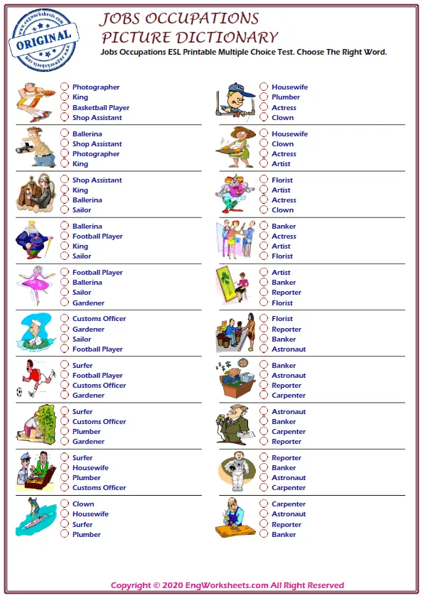 Jobs Occupations ESL Printable Multiple Choice Test. Choose The Right Word. Worksheet Preview