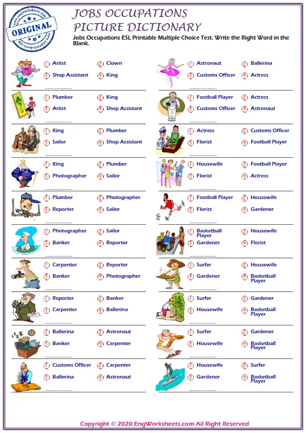 Jobs Occupations ESL Printable Multiple Choice Test. Write the Right Word in the Blank. Worksheet Preview