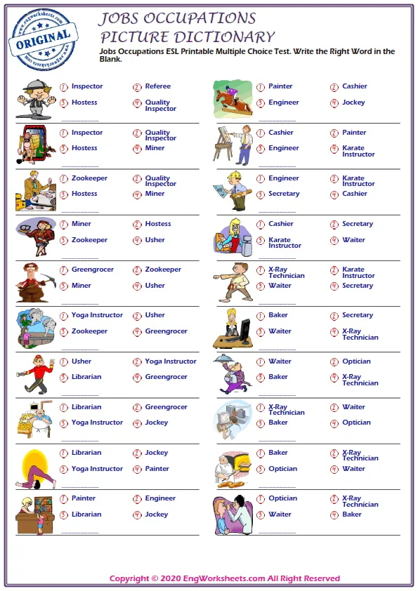 Jobs Occupations ESL Printable Multiple Choice Test. Write the Right Word in the Blank. Worksheet Preview