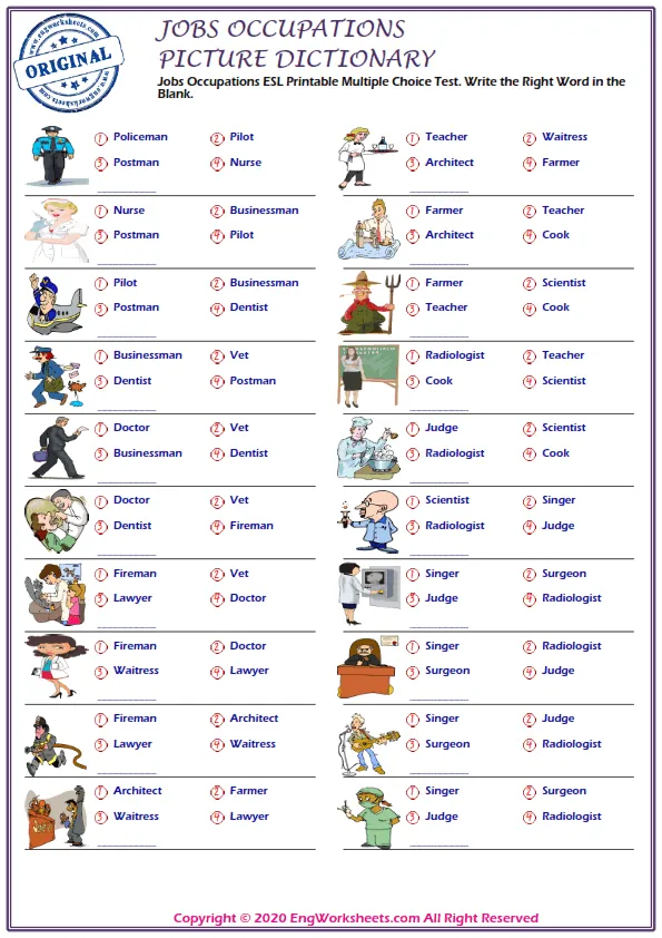 Jobs Occupations ESL Printable Multiple Choice Test. Write the Right Word in the Blank. Worksheet Preview