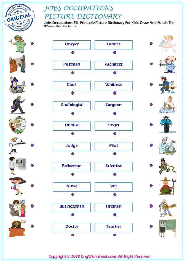 Jobs Occupations ESL Printable Picture Dictionary For Kids. Draw And Match The Words And Pictures. Worksheet Preview