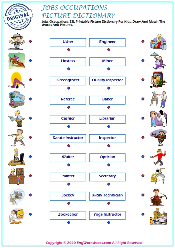 Jobs Occupations ESL Printable Picture Dictionary For Kids. Draw And Match The Words And Pictures. Worksheet Preview