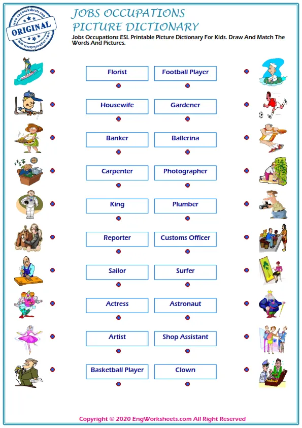 Jobs Occupations ESL Printable Picture Dictionary For Kids. Draw And Match The Words And Pictures. Worksheet Preview
