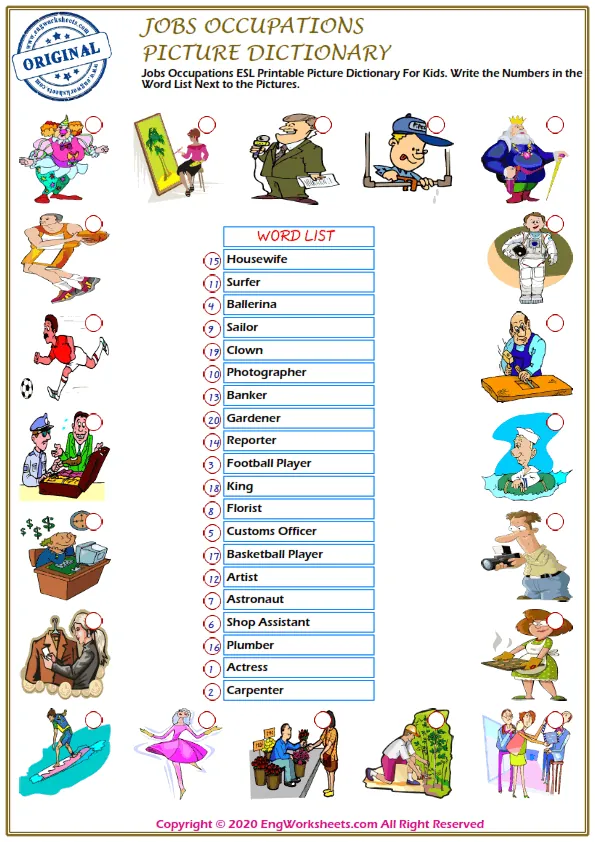 Jobs Occupations ESL Printable Picture Dictionary For Kids. Write the Numbers in the Word List Next to the Pictures. Worksheet Preview