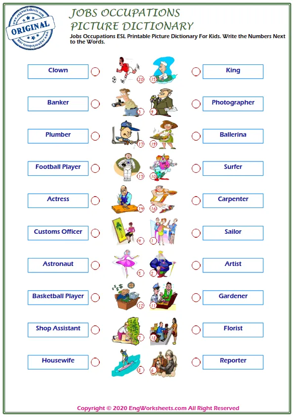 Jobs Occupations ESL Printable Picture Dictionary For Kids. Write the Numbers Next to the Words. Worksheet Preview