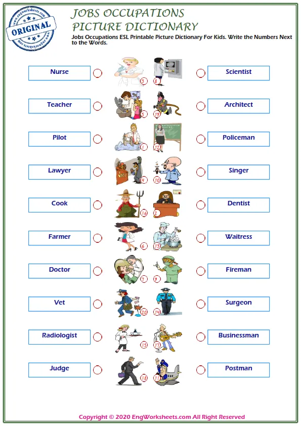 Jobs Occupations ESL Printable Picture Dictionary For Kids. Write the Numbers Next to the Words. Worksheet Preview