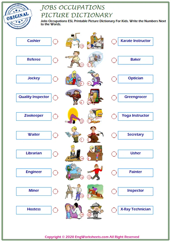 Jobs Occupations ESL Printable Picture Dictionary For Kids. Write the Numbers Next to the Words. Worksheet Preview