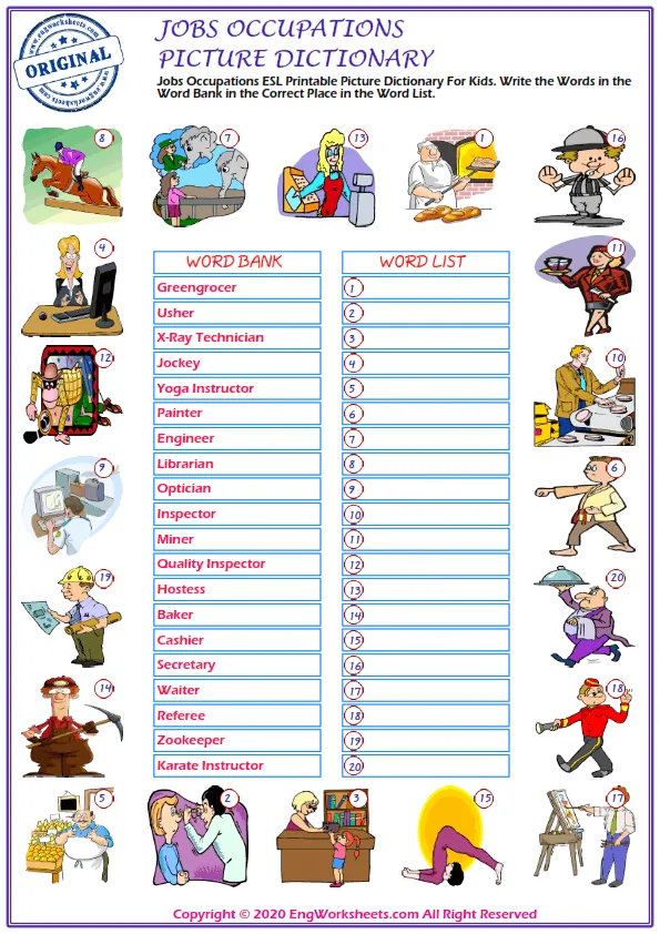 Jobs Occupations ESL Printable Picture Dictionary For Kids. Write the Words in the Word Bank in the Correct Place in the Word List. Worksheet Preview