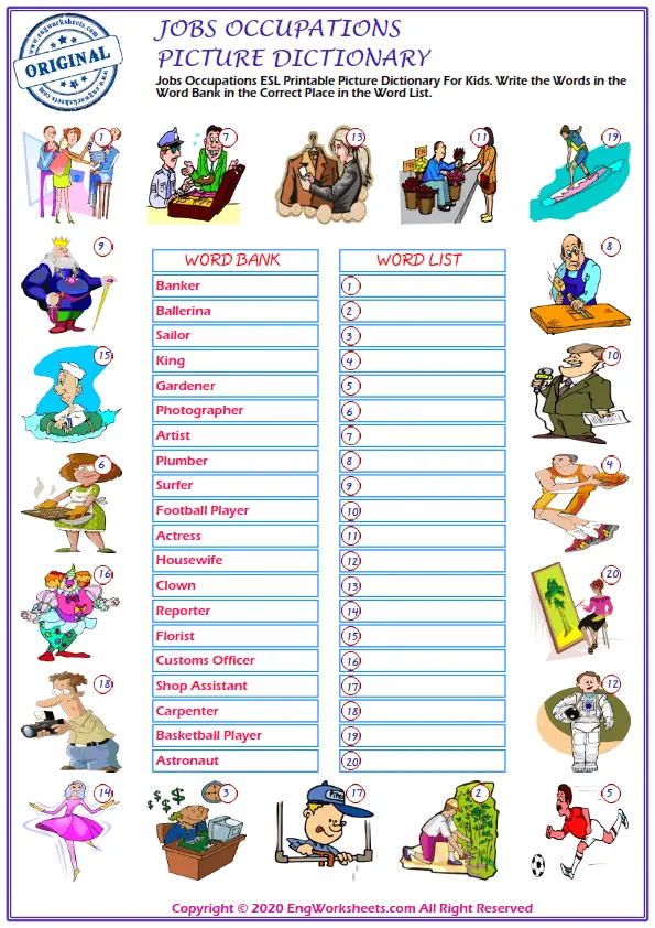Jobs Occupations ESL Printable Picture Dictionary For Kids. Write the Words in the Word Bank in the Correct Place in the Word List. Worksheet Preview