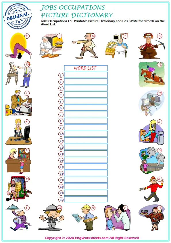 Jobs Occupations ESL Printable Picture Dictionary For Kids. Write the Words on the Word List. Worksheet Preview
