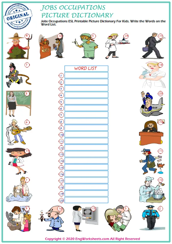Jobs Occupations ESL Printable Picture Dictionary For Kids. Write the Words on the Word List. Worksheet Preview