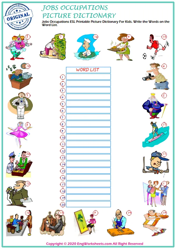 Jobs Occupations ESL Printable Picture Dictionary For Kids. Write the Words on the Word List. Worksheet Preview