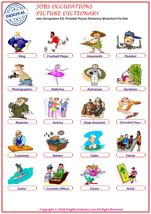 Jobs Occupations ESL Printable Picture Dictionary Worksheet For Kids Worksheet Preview