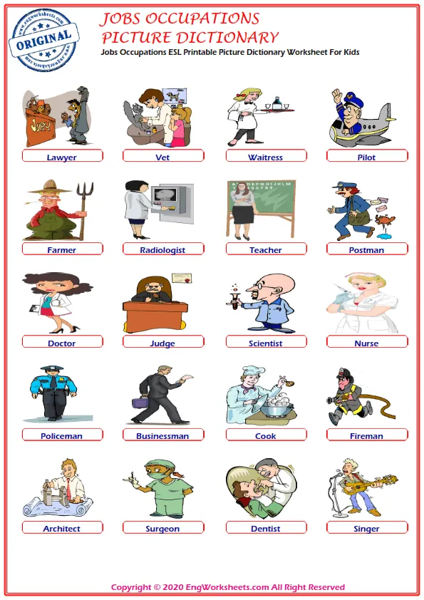 Jobs Occupations ESL Printable Picture Dictionary Worksheet For Kids Worksheet Preview