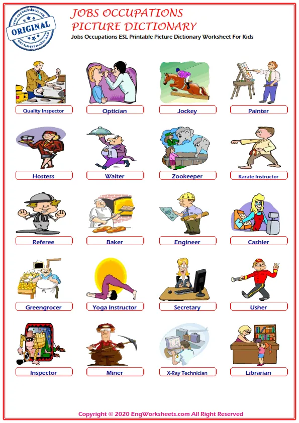Jobs Occupations ESL Printable Picture Dictionary Worksheet For Kids Worksheet Preview