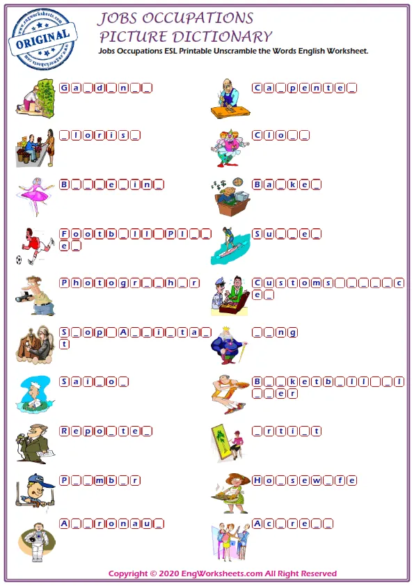 Jobs Occupations ESL Printable Unscramble the Words English Worksheet. Worksheet Preview