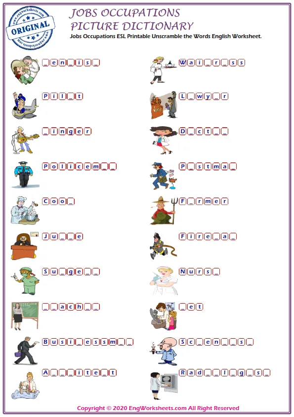 Jobs Occupations ESL Printable Unscramble the Words English Worksheet. Worksheet Preview