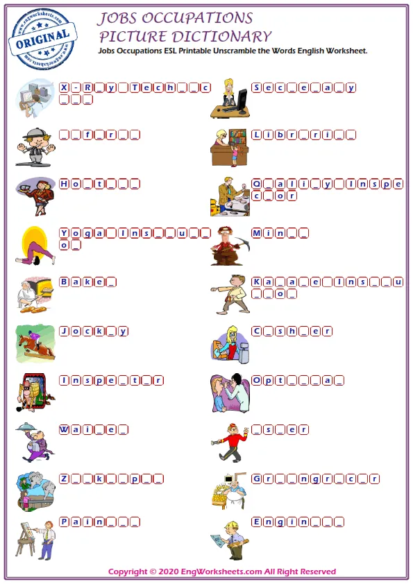 Jobs Occupations ESL Printable Unscramble the Words English Worksheet.
