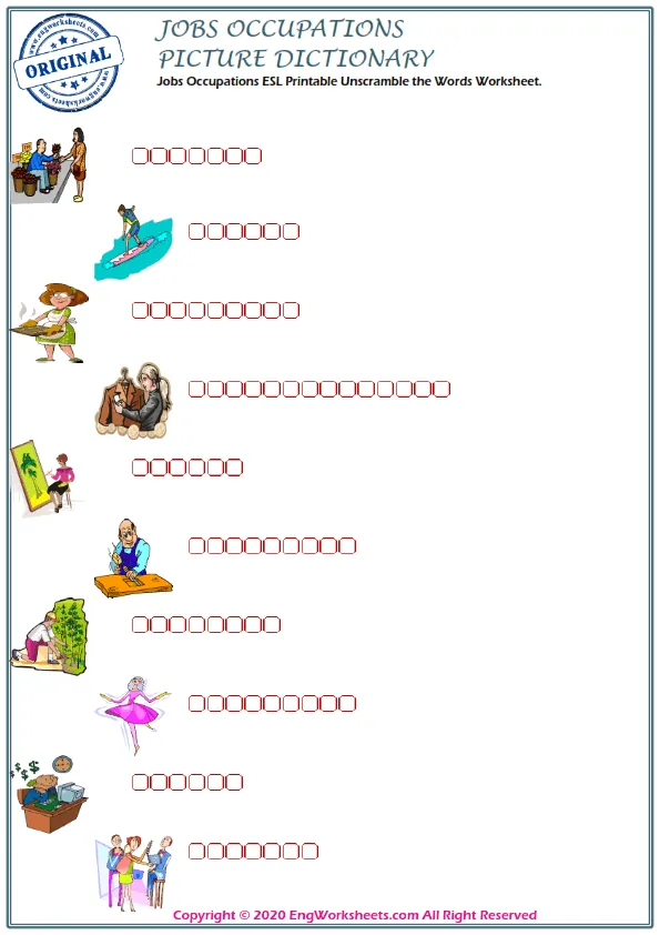 Jobs Occupations ESL Printable Unscramble the Words Worksheet. Worksheet Preview