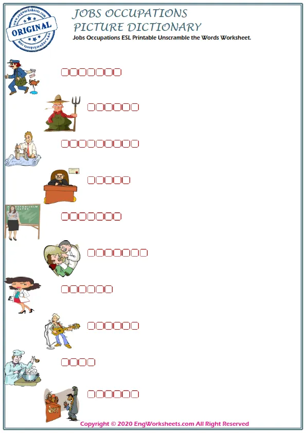 Jobs Occupations ESL Printable Unscramble the Words Worksheet. Worksheet Preview