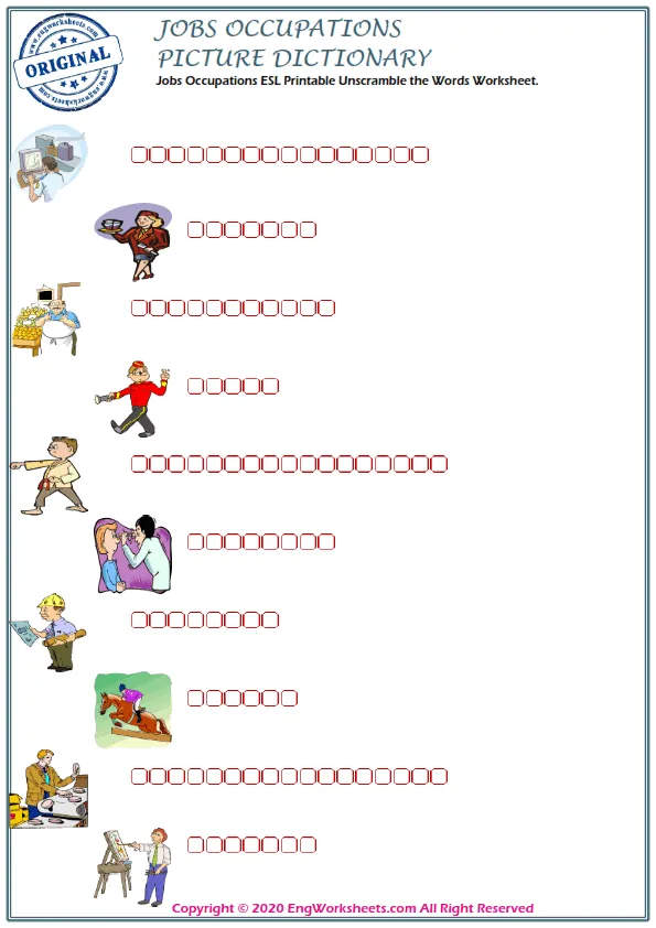 Jobs Occupations ESL Printable Unscramble the Words Worksheet. Worksheet Preview