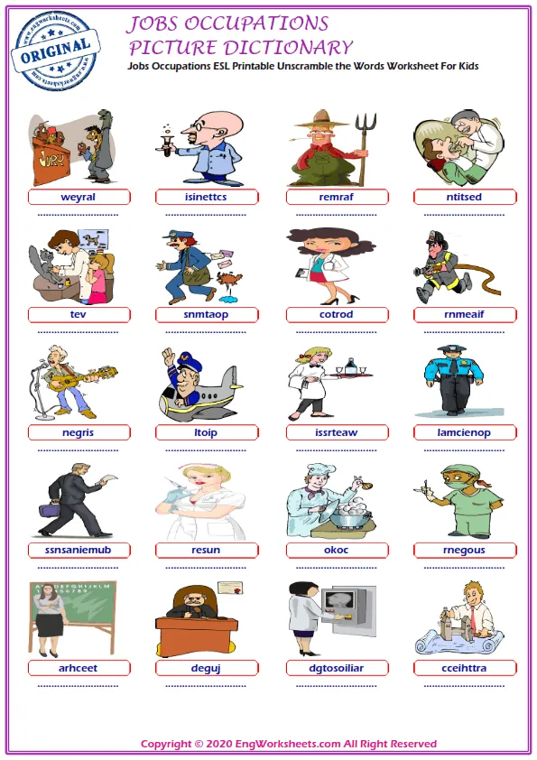 Jobs Occupations ESL Printable Unscramble the Words Worksheet For Kids Worksheet Preview