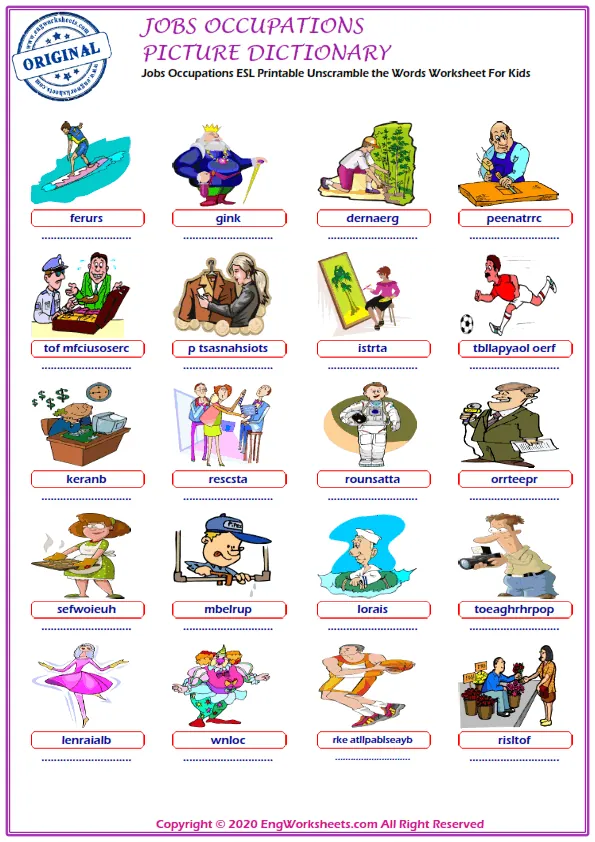 Jobs Occupations ESL Printable Unscramble the Words Worksheet For Kids Worksheet Preview