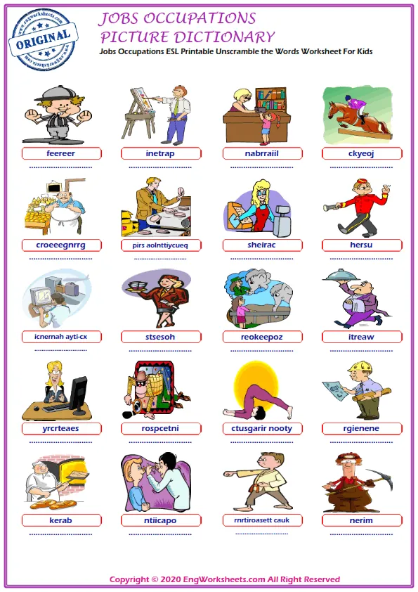 Jobs Occupations ESL Printable Unscramble the Words Worksheet For Kids Worksheet Preview