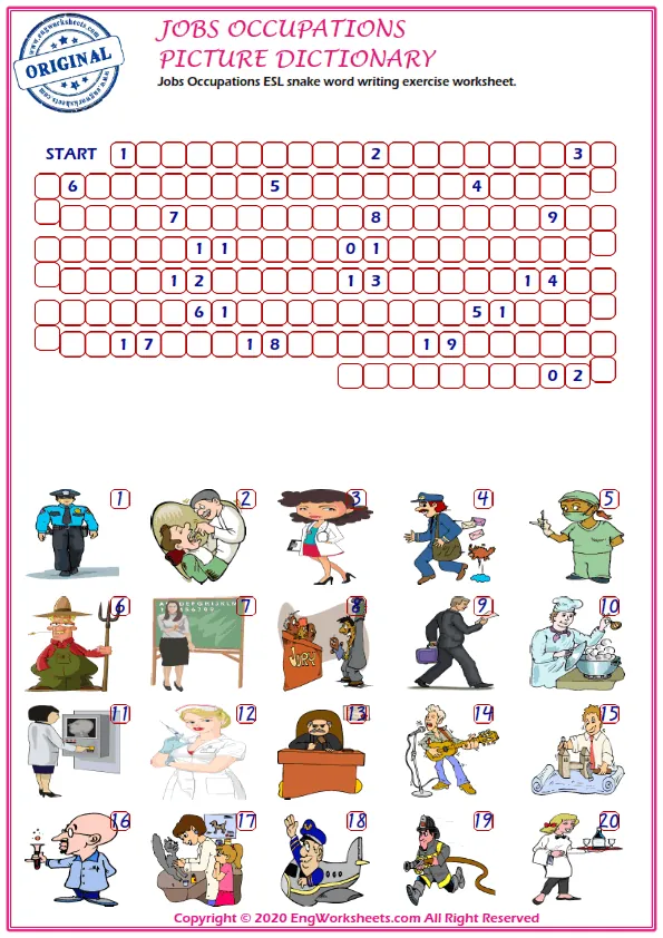 Jobs Occupations ESL snake word writing exercise worksheet. Worksheet Preview