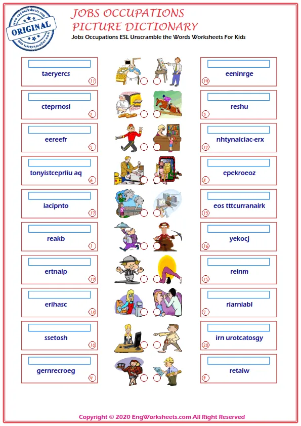 Jobs Occupations ESL Unscramble the Words Worksheets For Kids Worksheet Preview