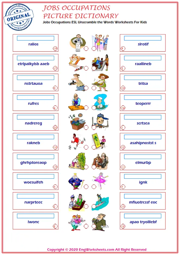 Jobs Occupations ESL Unscramble the Words Worksheets For Kids Worksheet Preview