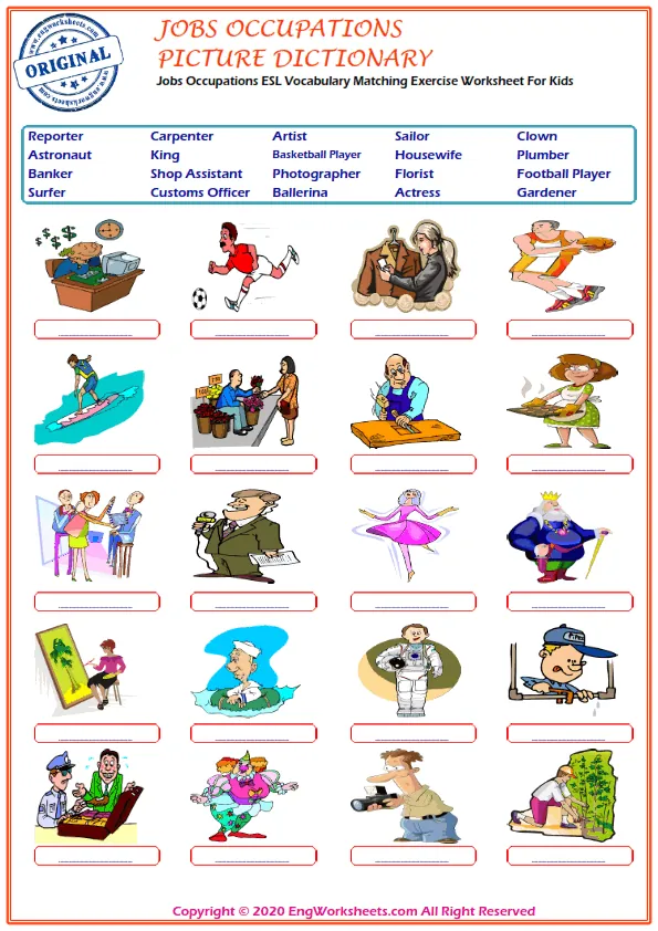 Jobs Occupations ESL Vocabulary Matching Exercise Worksheet For Kids Worksheet Preview