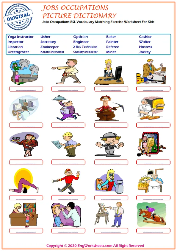 Jobs Occupations ESL Vocabulary Matching Exercise Worksheet For Kids Worksheet Preview