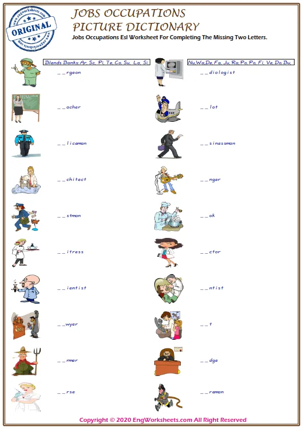 Jobs Occupations Esl Worksheet For Completing The Missing Two Letters. Worksheet Preview