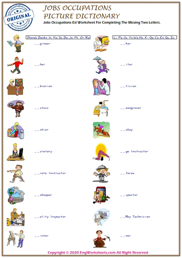 Jobs Occupations Esl Worksheet For Completing The Missing Two Letters. Worksheet Preview