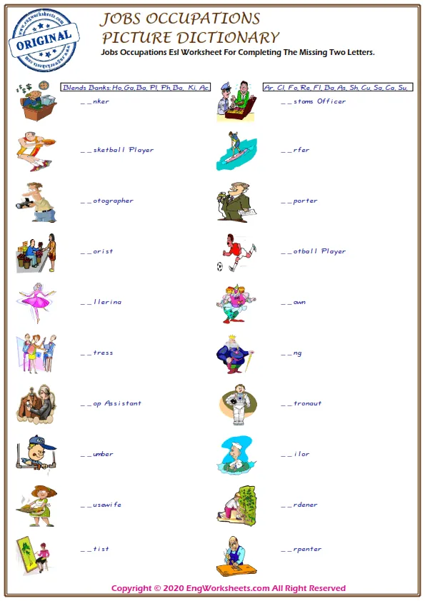 Jobs Occupations Esl Worksheet For Completing The Missing Two Letters. Worksheet Preview