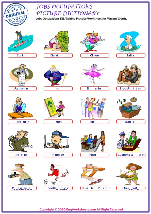 Jobs Occupations ESL Writing Practice Worksheet for Missing Words. Worksheet Preview