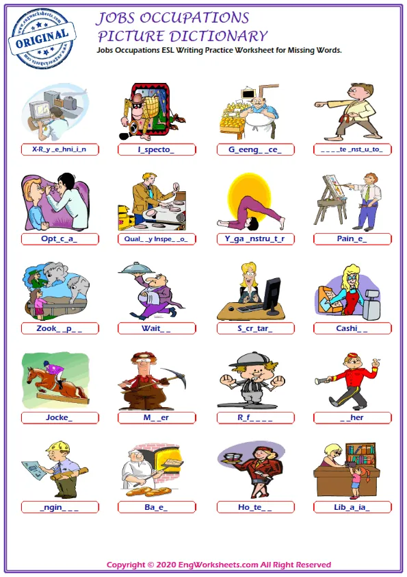 Jobs Occupations ESL Writing Practice Worksheet for Missing Words. Worksheet Preview